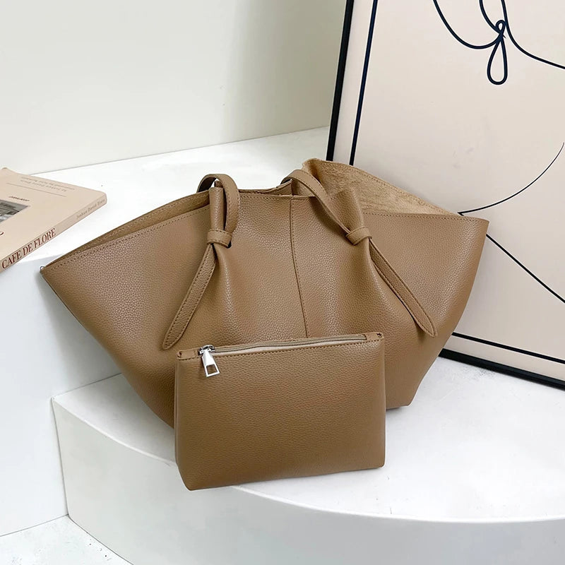 Retro Minimalist Women Shoulder Bag Pouch Soft Pu Leather Tote Large Capacity Handbag Daily Commute