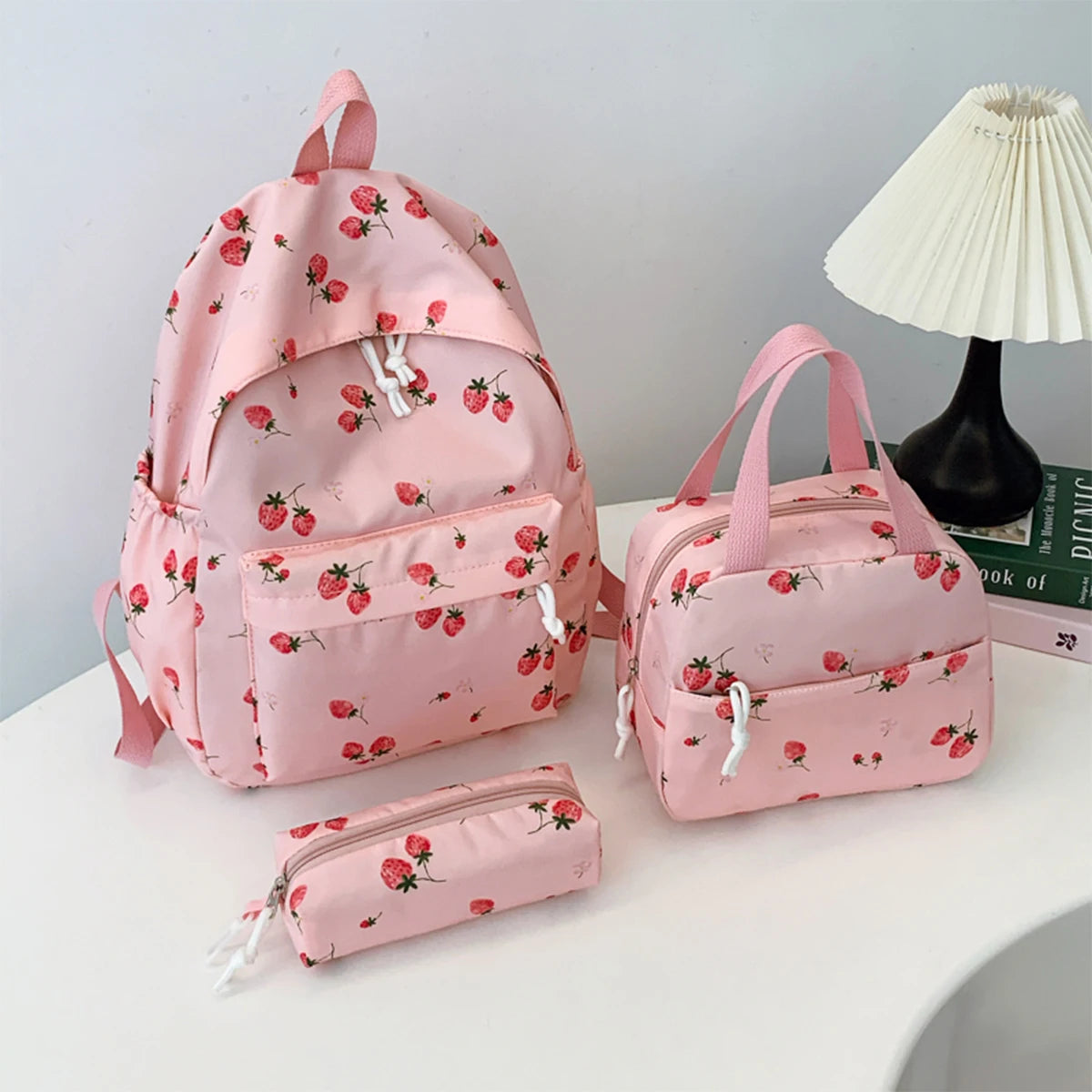 Cute Strawberry Pattern Backpack Set 3pcs Handbag Pencil Case Reinforced Nylon Dual Zipper School