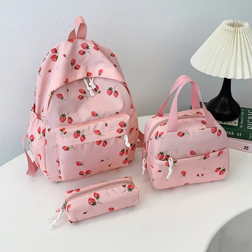 Cute Strawberry Pattern Backpack Set 3pcs Handbag Pencil Case Reinforced Nylon Dual Zipper School