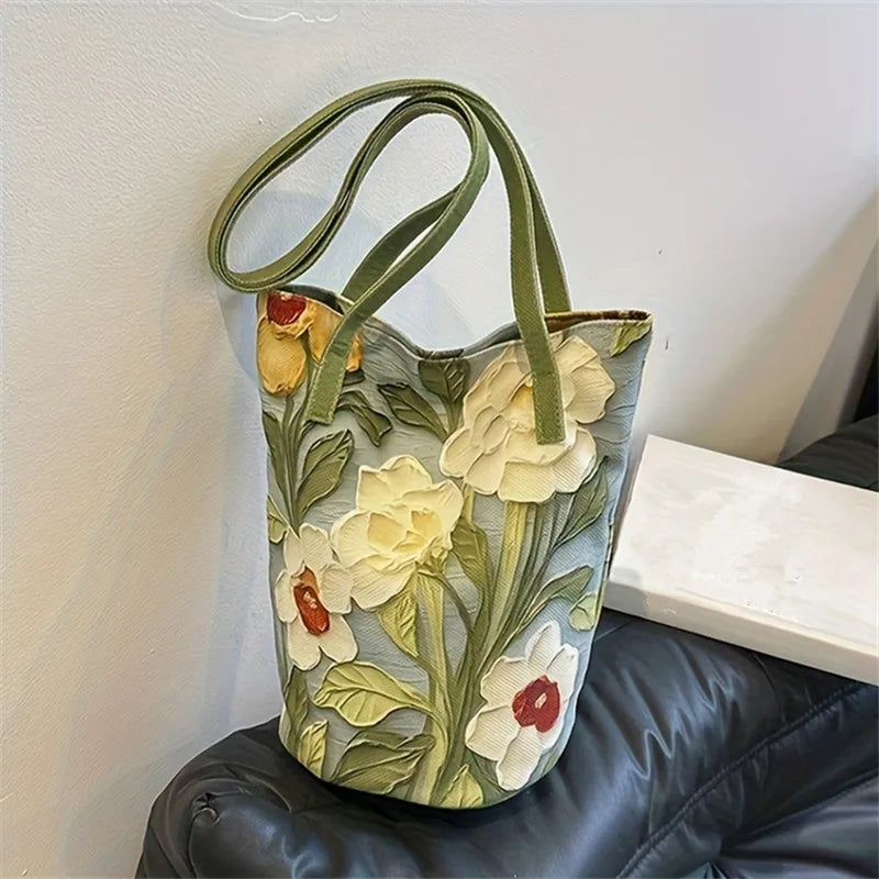 Floral Oil Painting Bucket Bag – Women's Shoulder & Crossbody Tote