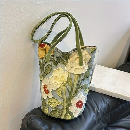 Floral Oil Painting Bucket Bag – Women's Shoulder & Crossbody Tote