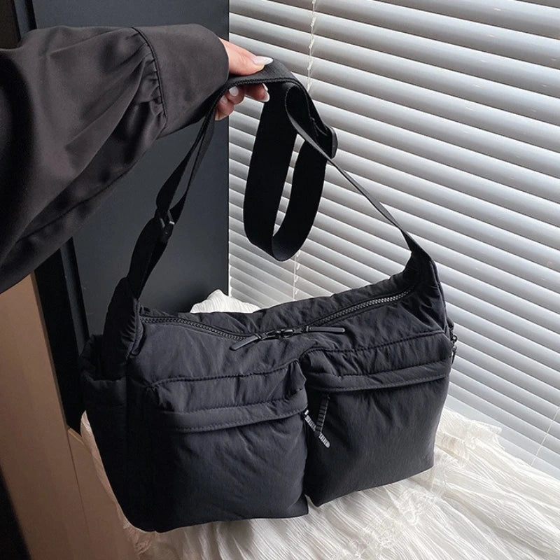Large Capacity Multi-Pocket Nylon Crossbody Bag – Wide Strap Messenger Purse