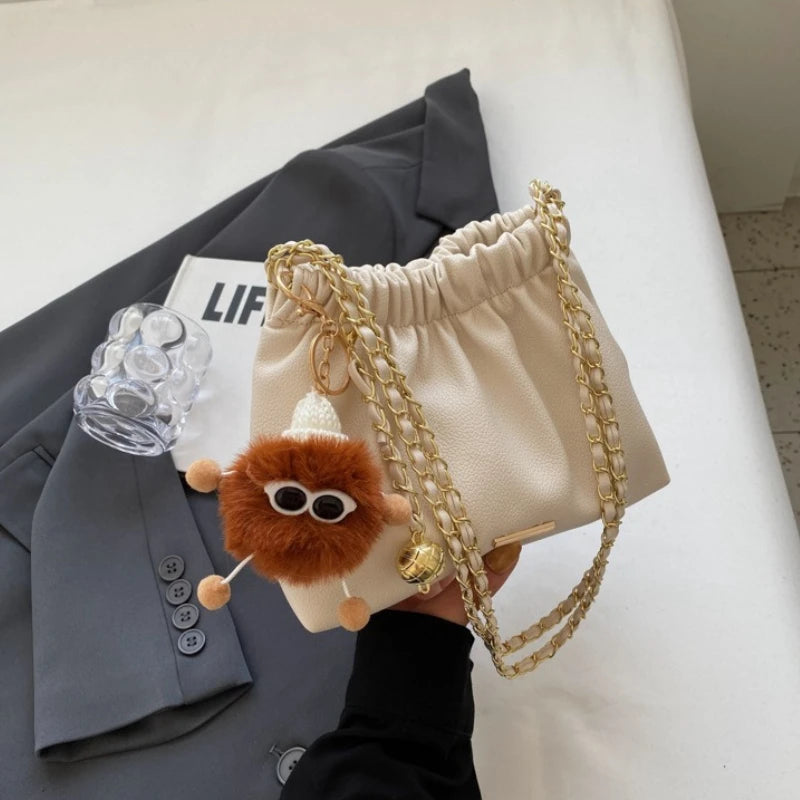 Ruched Woman Crossbody Bags Cute Fluffy Monster Bag Charm Two Tone Metal Chain Strap Faux Leather
