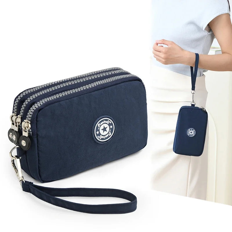 Three Layer Zipper Short Mobile Phone Bag Chic Women Hand Makeup Clutches Portable Change Waterproof