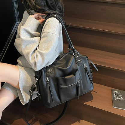 Leather Tote Bag with Tassel – Zipper Crossbody Handbag