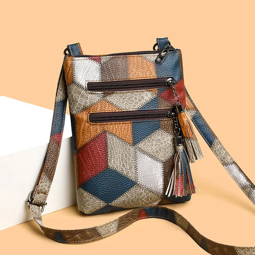 Retro PU Leather Crossbody Bag – Color Block Plaid & Tassel