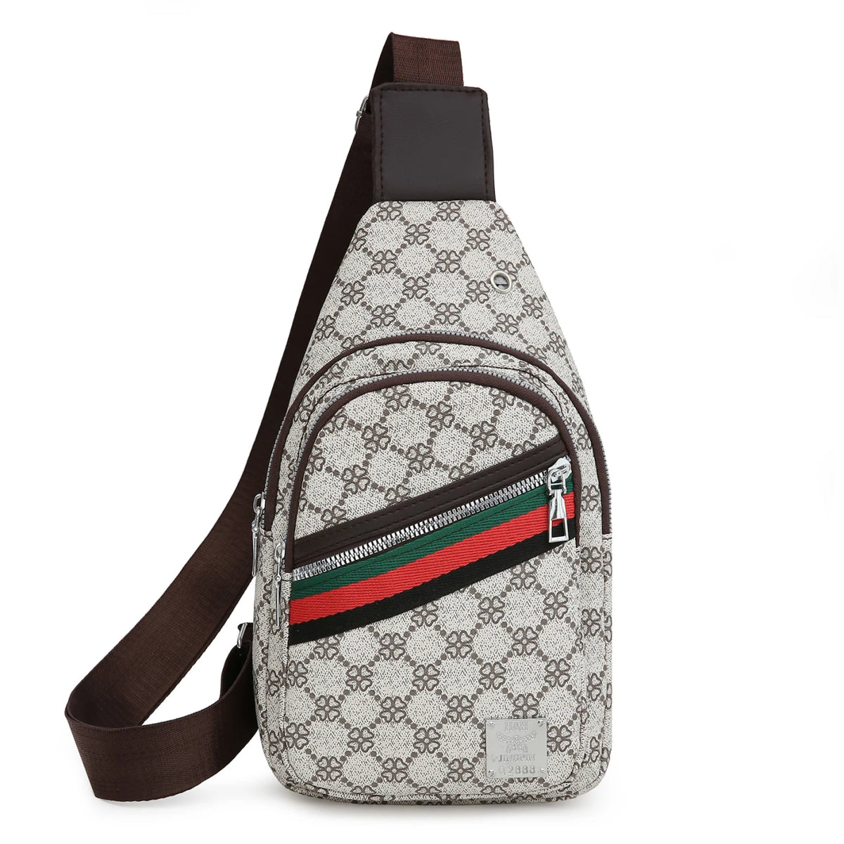 Sporty Functional Chest Bag Men Women Geometric Print Multi-Pocket Pu Headphone Port Shoulder