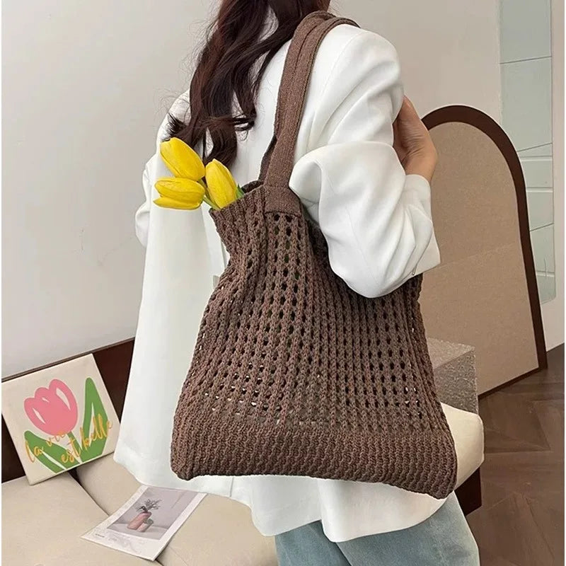 Summer Beach Tote Shoulder Bag Straw Weav Handbag Large Capacity Vacation Weaving Hollow Bags Women