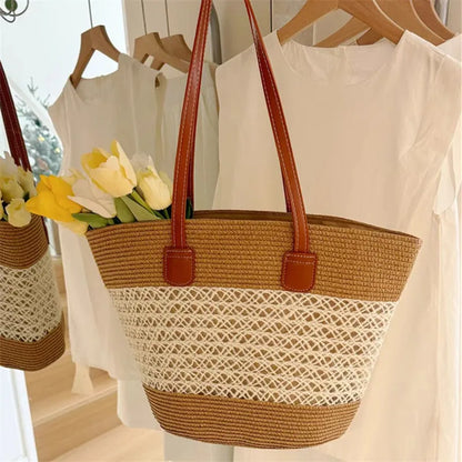 Summer Beach Casual Handbag Shoulder Bag Women Striped Straw Tote Bags Leather Handles