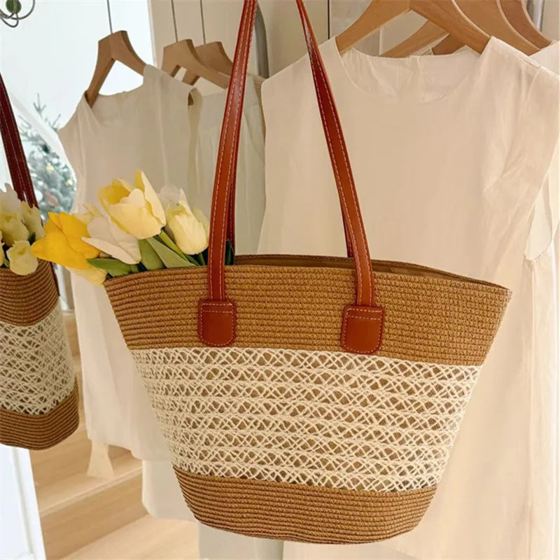 Striped Straw Tote Bag Leather Handles Large Capacity Summer Beach Casual Daily Shoulder Bag Women
