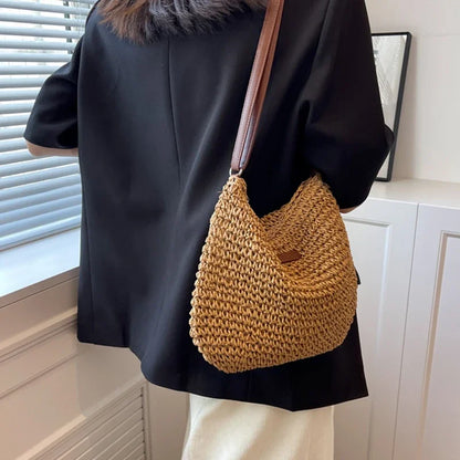 Bohemian Straw Beach Bags For Women High Capacity Handmade Shoulder Bag Casual Woven Totes Bag Shopping Clutch Handbag Purse