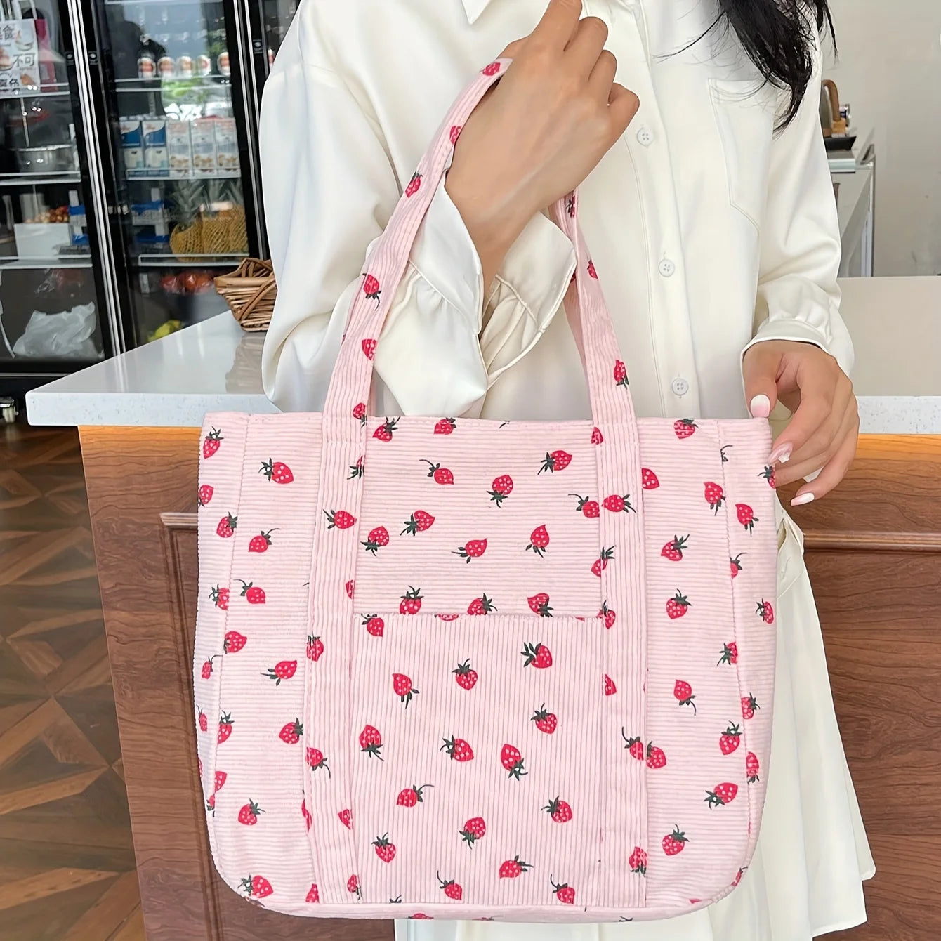 Chic Pink Strawberry Pattern Corduroy Tote Bag Women Work Shopping Handbag Shoulder