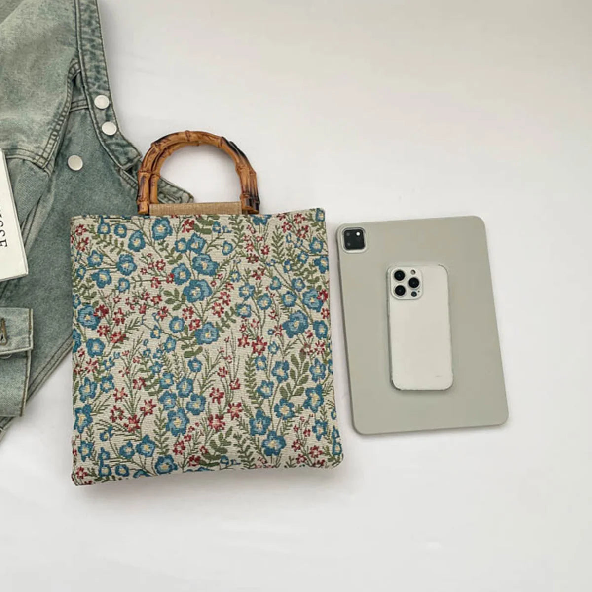 Vintage Artistic Embroidery Floral Pattern Shoulder Bag Bamboo Handle Women Tote Soft Fabric Handbag