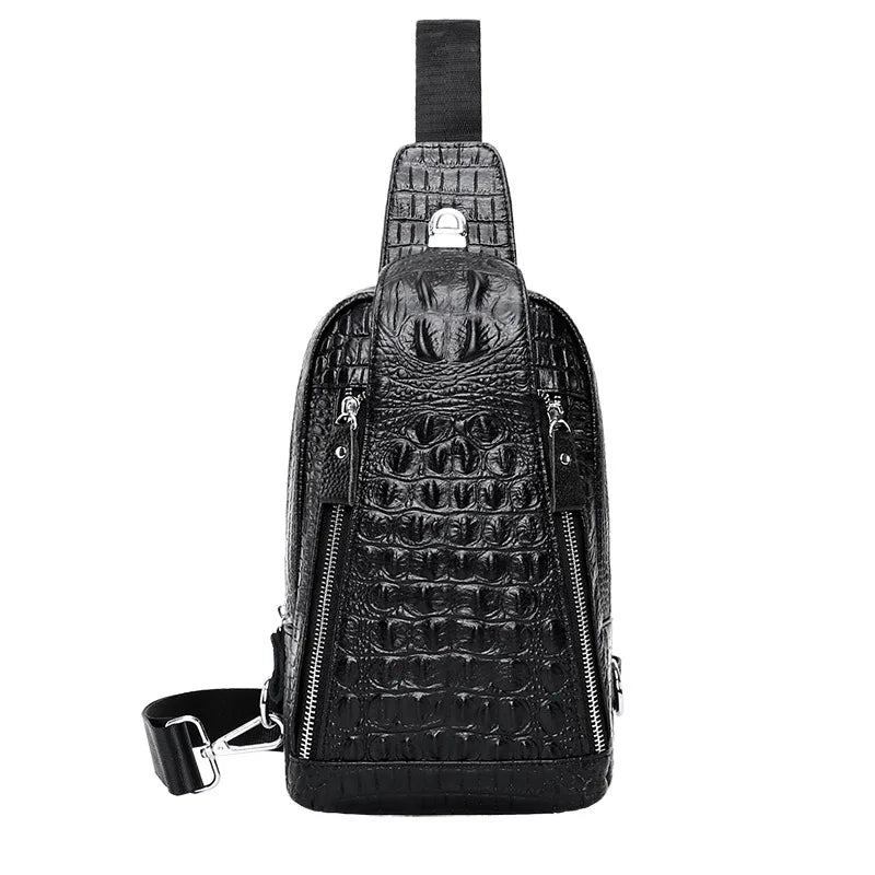 Men S Large Capacity Leather Breast Bag Head Layer Shoulder Oblique Cross Chest Crocodile