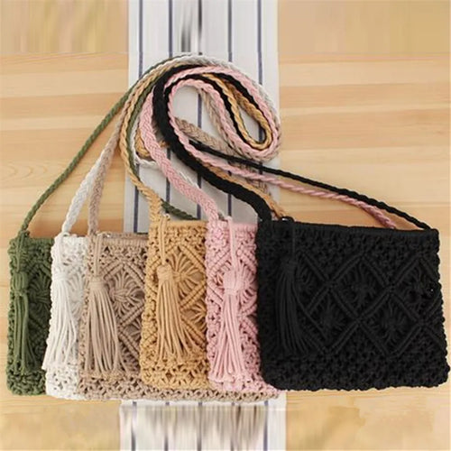Bohemian Woven Rope Crossbody Bag with Tassel Detail