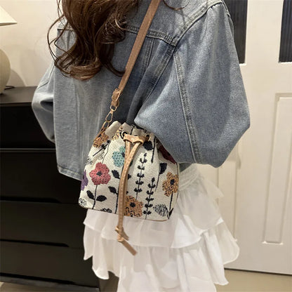 Bucket Bag for Women – Geometric Print Drawstring Crossbody Purse