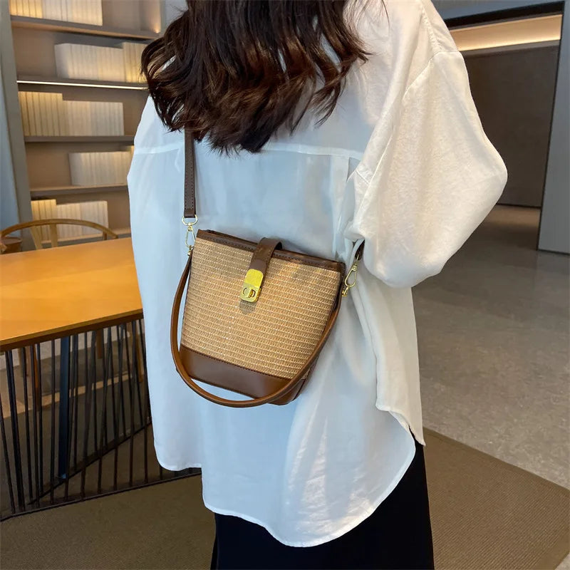Straw Crossbody Bag – Woven Bucket Shoulder Purse with Gold Lock