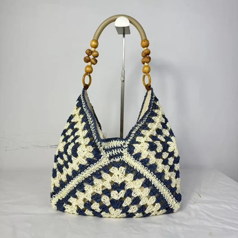 Boho Crochet Woven Tote Bag with Wooden Bead Handle