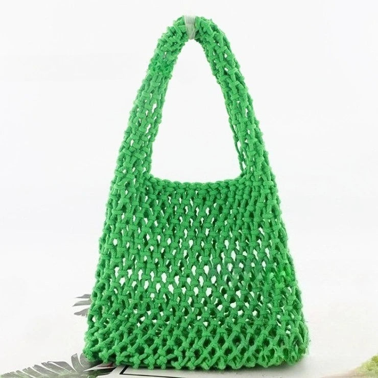 Summer Hollow Woven Cotton Rope Tote Bag Women Handmade Mesh Beach Casual Handbag Shoulder Vacation