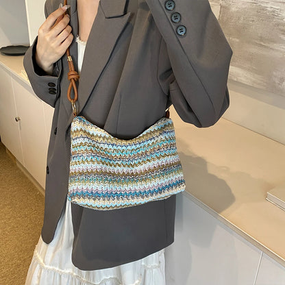 Women S Striped Woven Straw Tote Bag - Lightweight Large Capacity Detachable Coin Purse Zip Closure