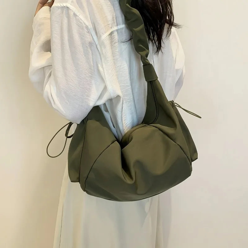 Nylon Ruched Shoulder Bag for Women – Multi-Pocket Hobo