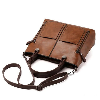 Retro Leather Tote Bag – Dual Pocket Zipper Shoulder Handbag