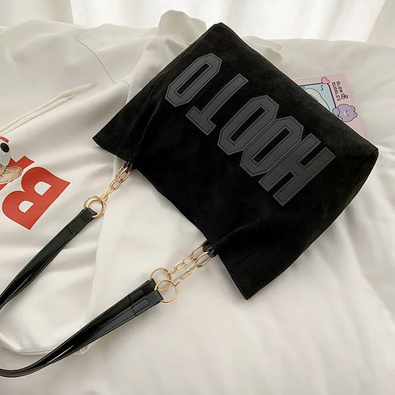 Solid Color Shoulder Bag Trendy Letters Tote Bag Canvas Campus Handbag Women Office