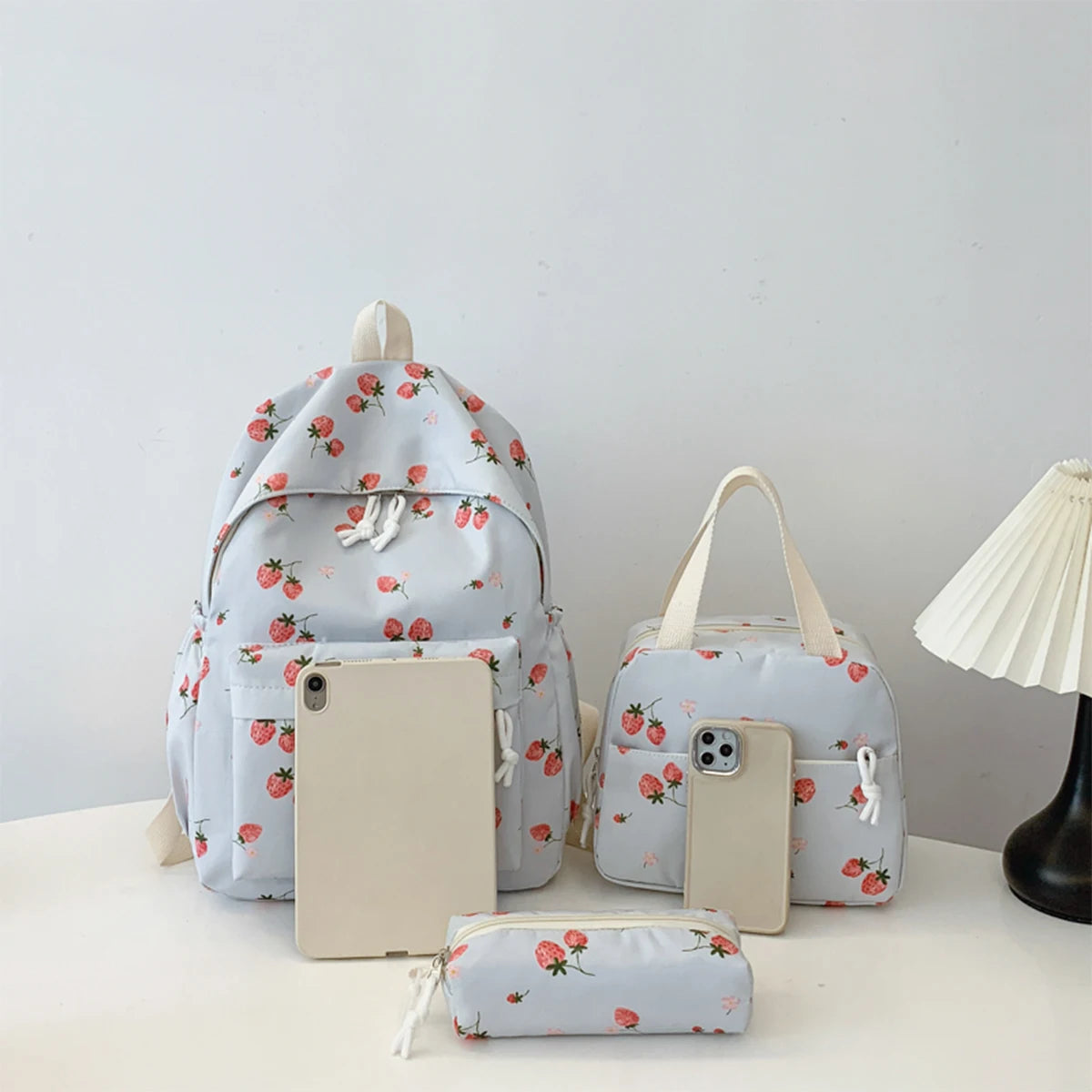 Cute Strawberry Pattern Backpack Set 3pcs Handbag Pencil Case Reinforced Nylon Dual Zipper School