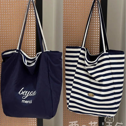 Striped Canvas Tote Bag – Double-Sided Large Shoulder Bag for Women