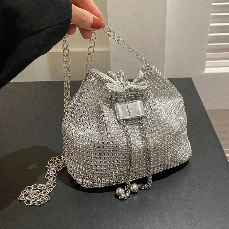 Gold Rhinestone Large Capacity Tote Bag Sparkly Drawstring Crossbody Purse Gold Chain Strap Party