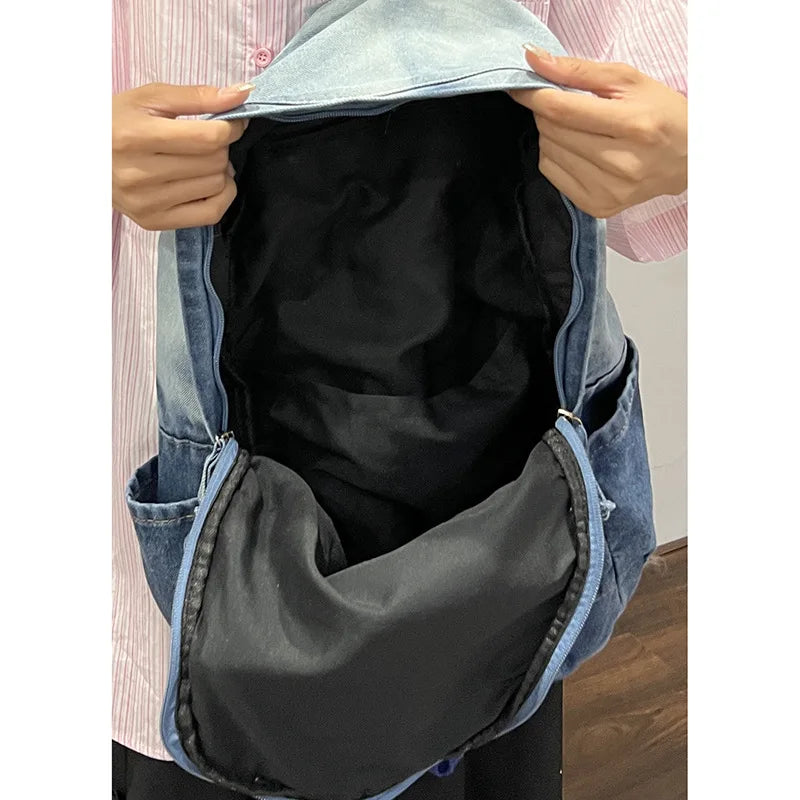 Casual Gradient Denim Backpack Retro Aged Washable Schoolbag - Washable