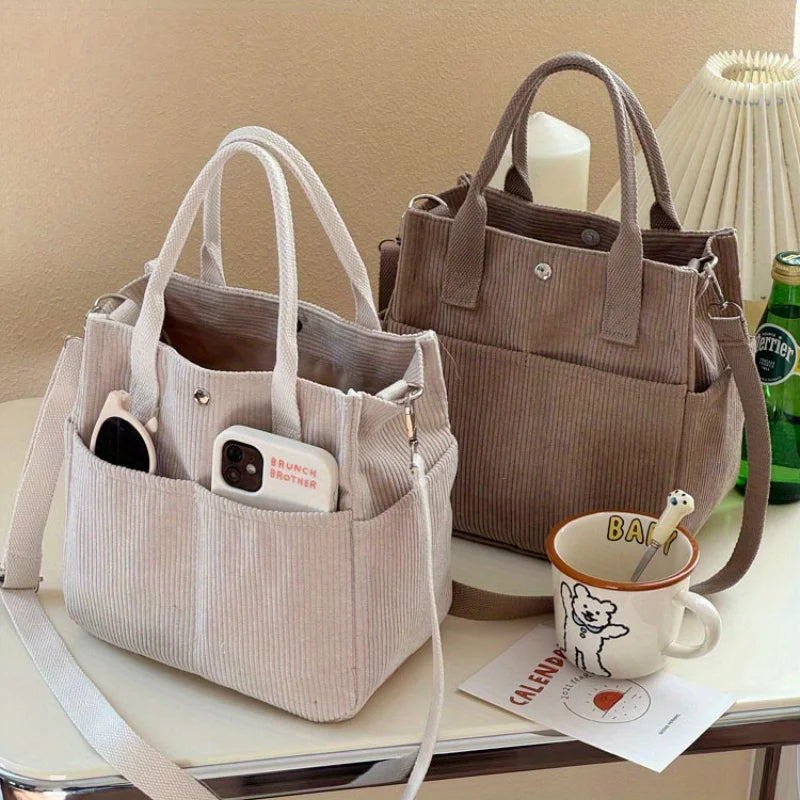 Washable Corduroy Tote Bag with Multiple Pockets