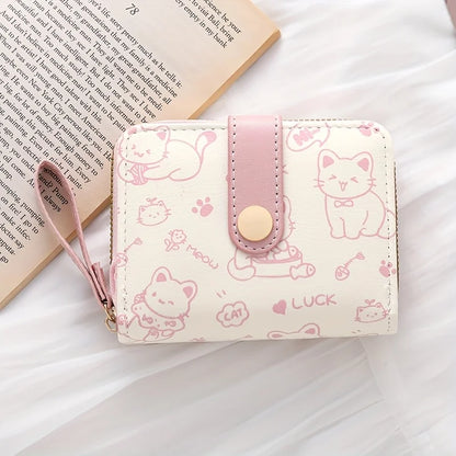Cute Cat Print Wallet Women Tri-Fold Snap Closure Card Holder Purse
