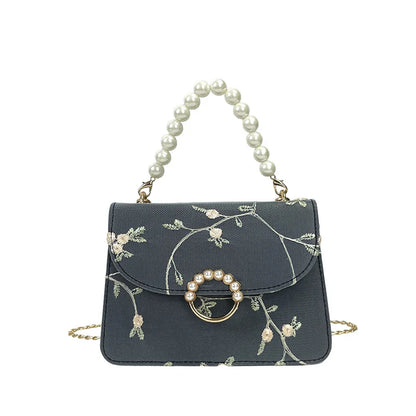Pearl Chain Floral Embroidered Mini Shoulder Bag