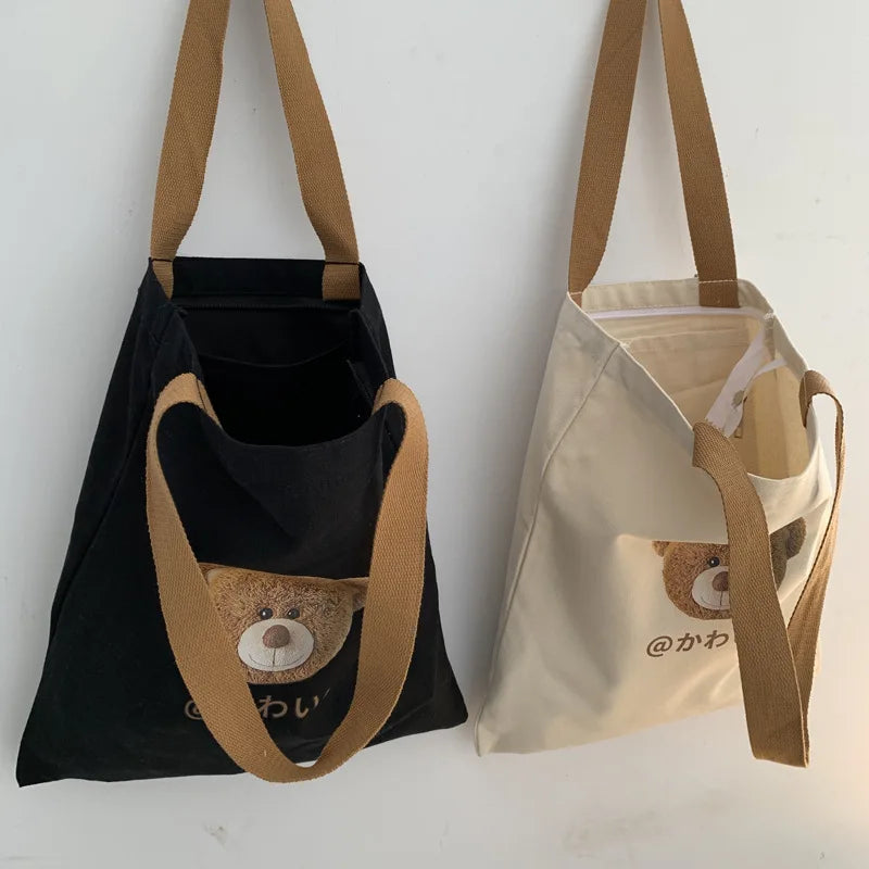 Bear Print Canvas Tote Bag – Large Capacity Shoulder Bag