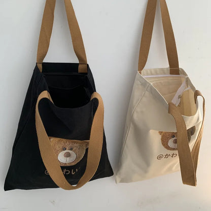 Bear Print Canvas Tote Bag – Large Capacity Shoulder Bag