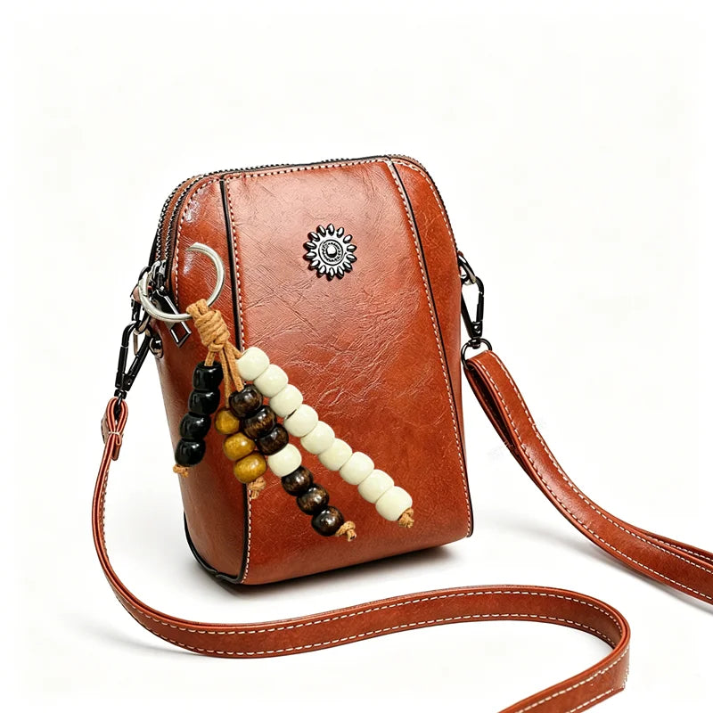 Crossbody Phone Bag – Vintage Faux Leather with Bohemian Beaded Keychain