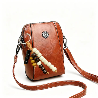 Crossbody Phone Bag – Vintage Faux Leather with Bohemian Beaded Keychain