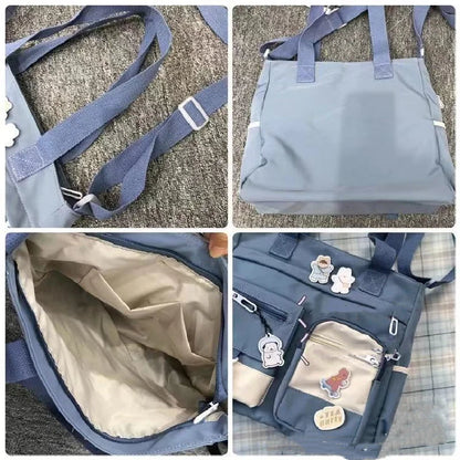 Canvas Crossbody Tote Bag for Women & Teen Girls with Badge Pins
