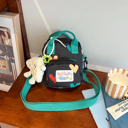 Cute Plush Charm Mini Crossbody Bag Two Tone Canvas Shoulder Purse Adjustable Strap Cartoon Handbag