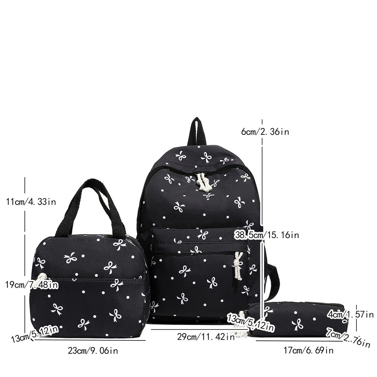 Campus Romance Trio Bow Pattern Backpack Handbag Quilted Multi-Pocket Large Capcity University Daily
