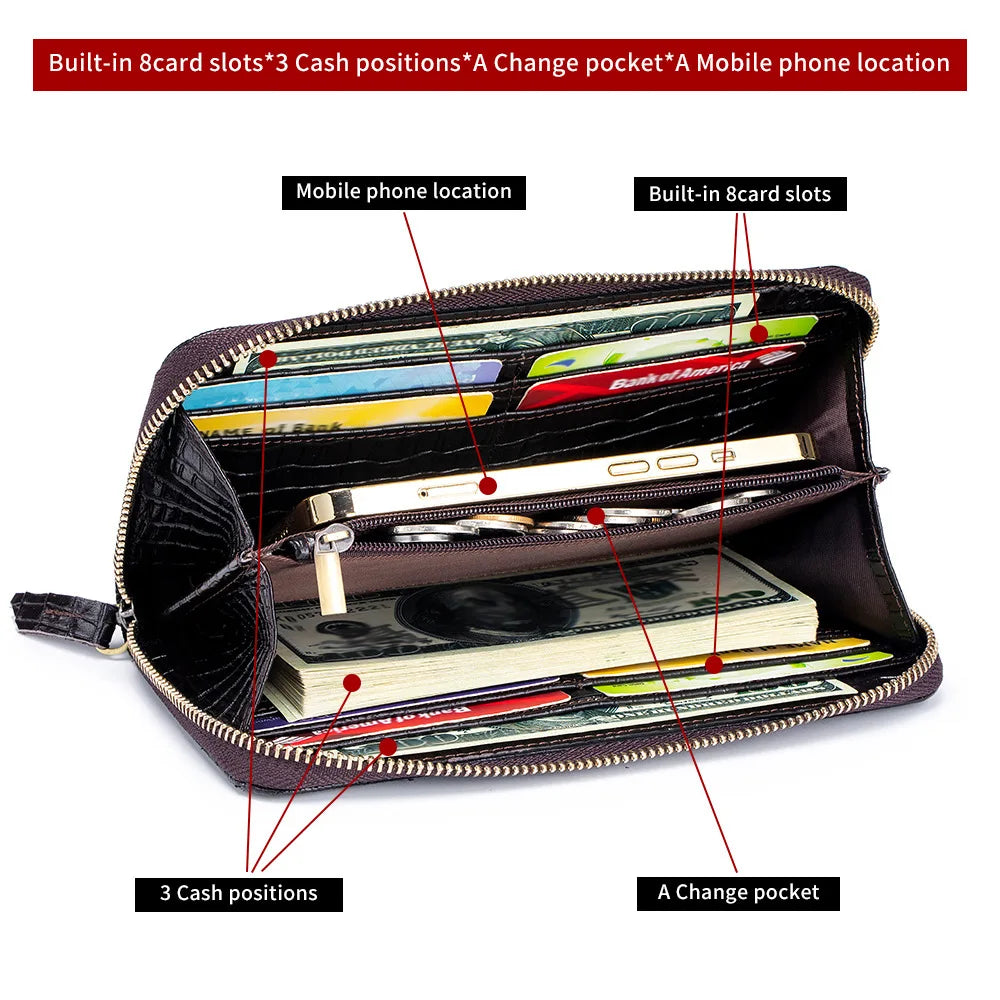 Real Leather Long Alligator Grain Head Layer Cofskin Zipper Purse Large Capacity Multi-Position