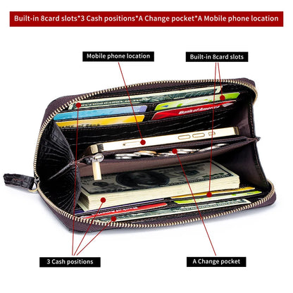 Real Leather Long Alligator Grain Head Layer Cofskin Zipper Purse Large Capacity Multi-Position