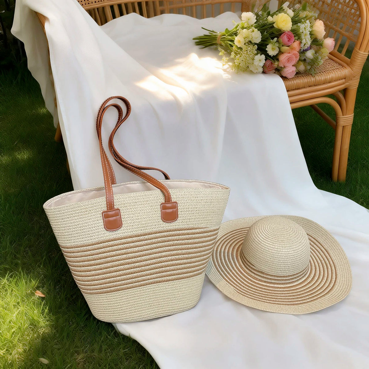 Vacation Fresh Women Tote Bag Solid Stripe Woven Shoulder Large Capacity Breathable Straw Handbag