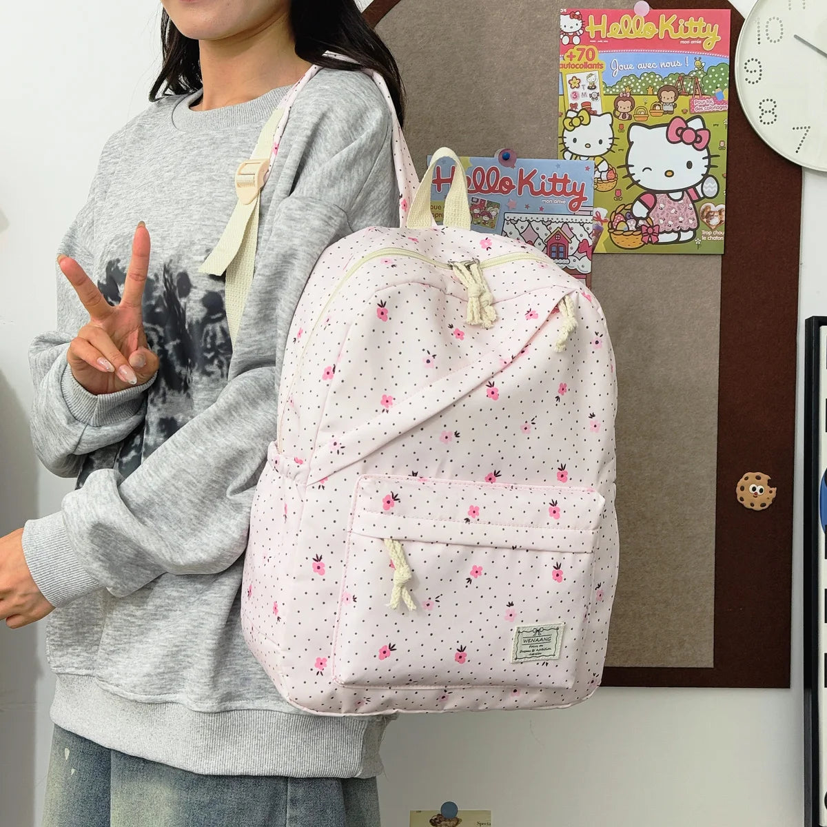 Gentle Sweet Wavelet Dot Strawberry Printed Three Piece Backpack Lightweight Multifunctional Cute