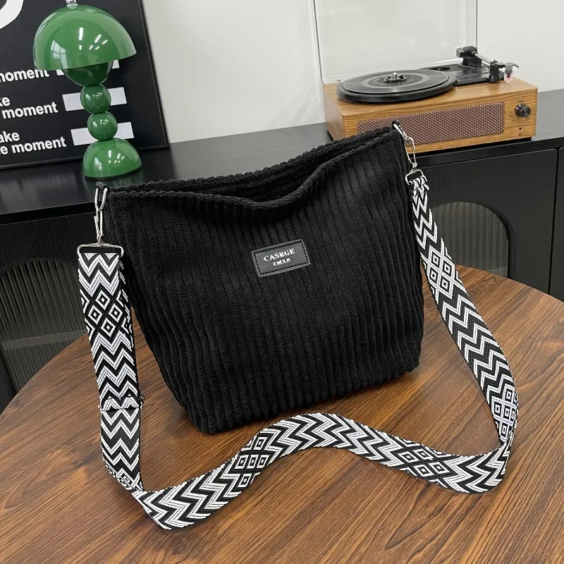 Corduroy Crossbody Bag – Women's Shoulder Bag with Patterned Strap