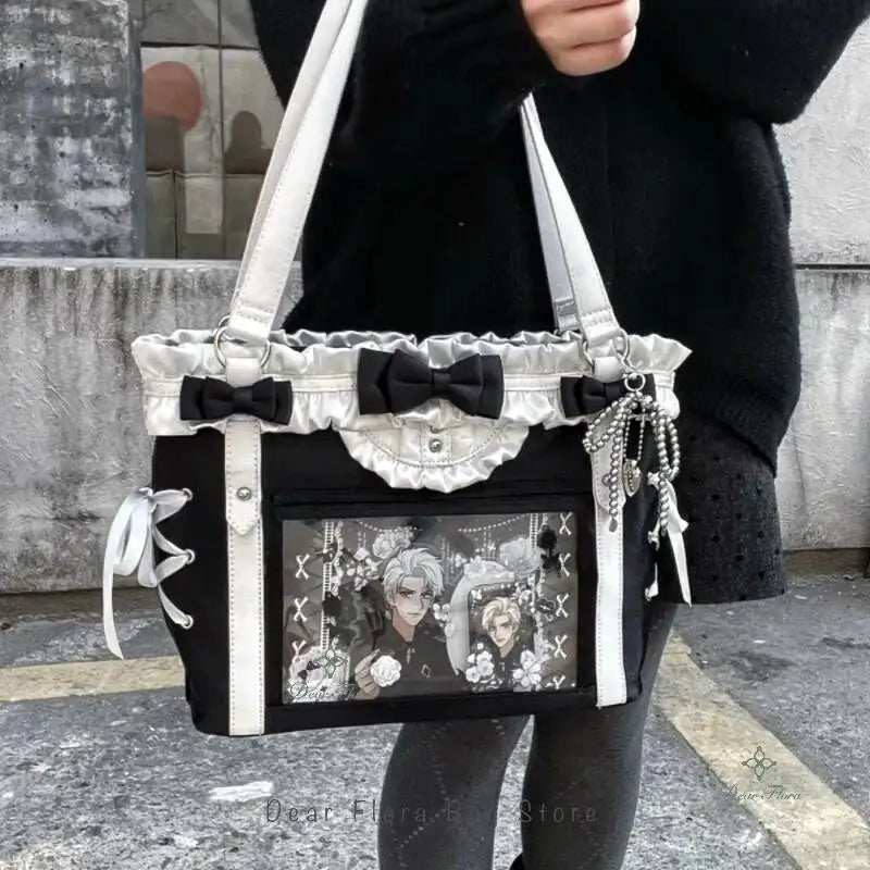 Japanese Sweet Women Ribbon Ita Bag Cute Lolita Girl Transparent Handbags Large Capacity Tote