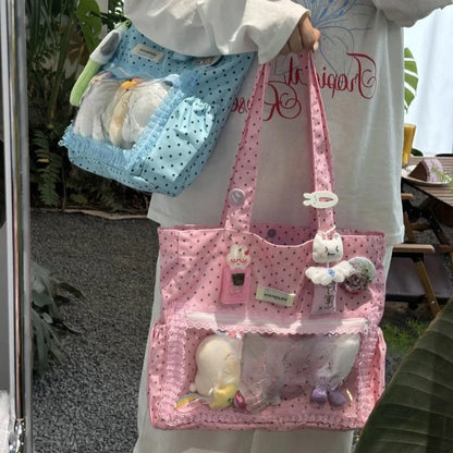 Cute Hand Ulzzang Y2k Ita Bag Girls Large Capacity Fashionable Polka Dot Canvas Shoulder Casual