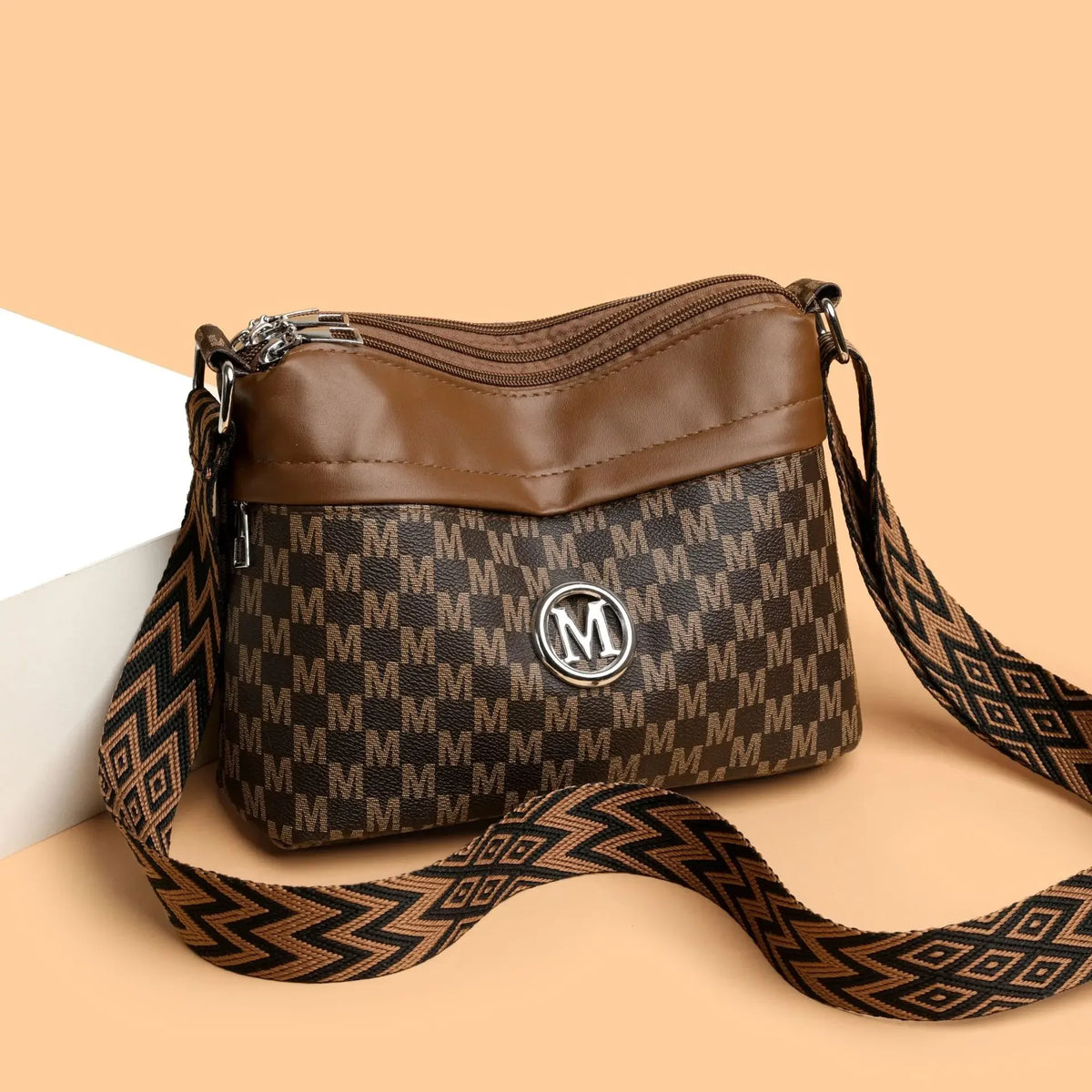 Letter Print Crossbody Bag – Triple Zipper Leather Shoulder Purse