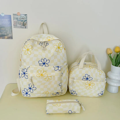 Dopamine Checkerboard Floral Print Three Piece Backpack Set Lightweight